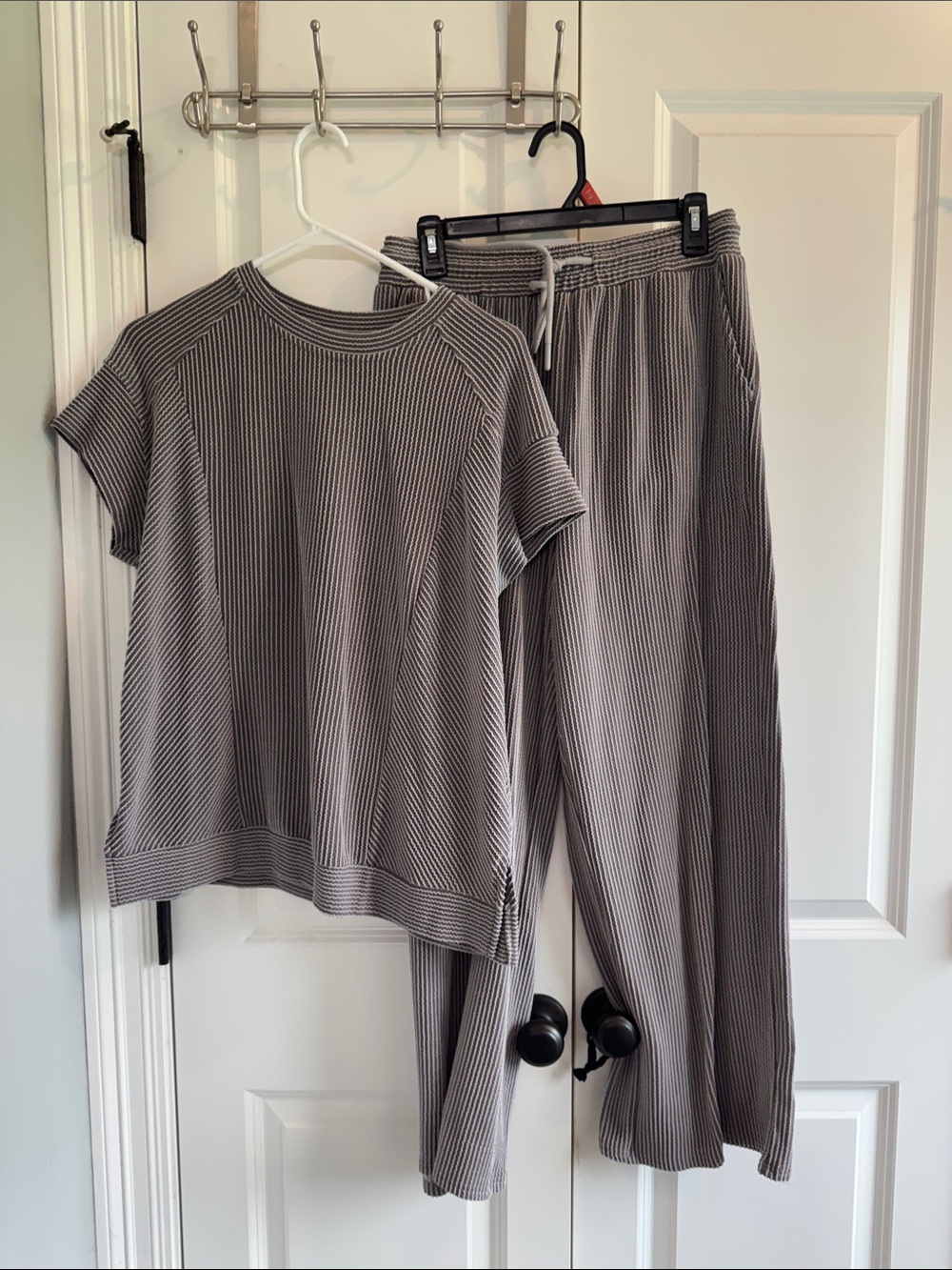 SHEIN Taupe Ribbed Short Sleeve Top & Wide Leg Pants Set